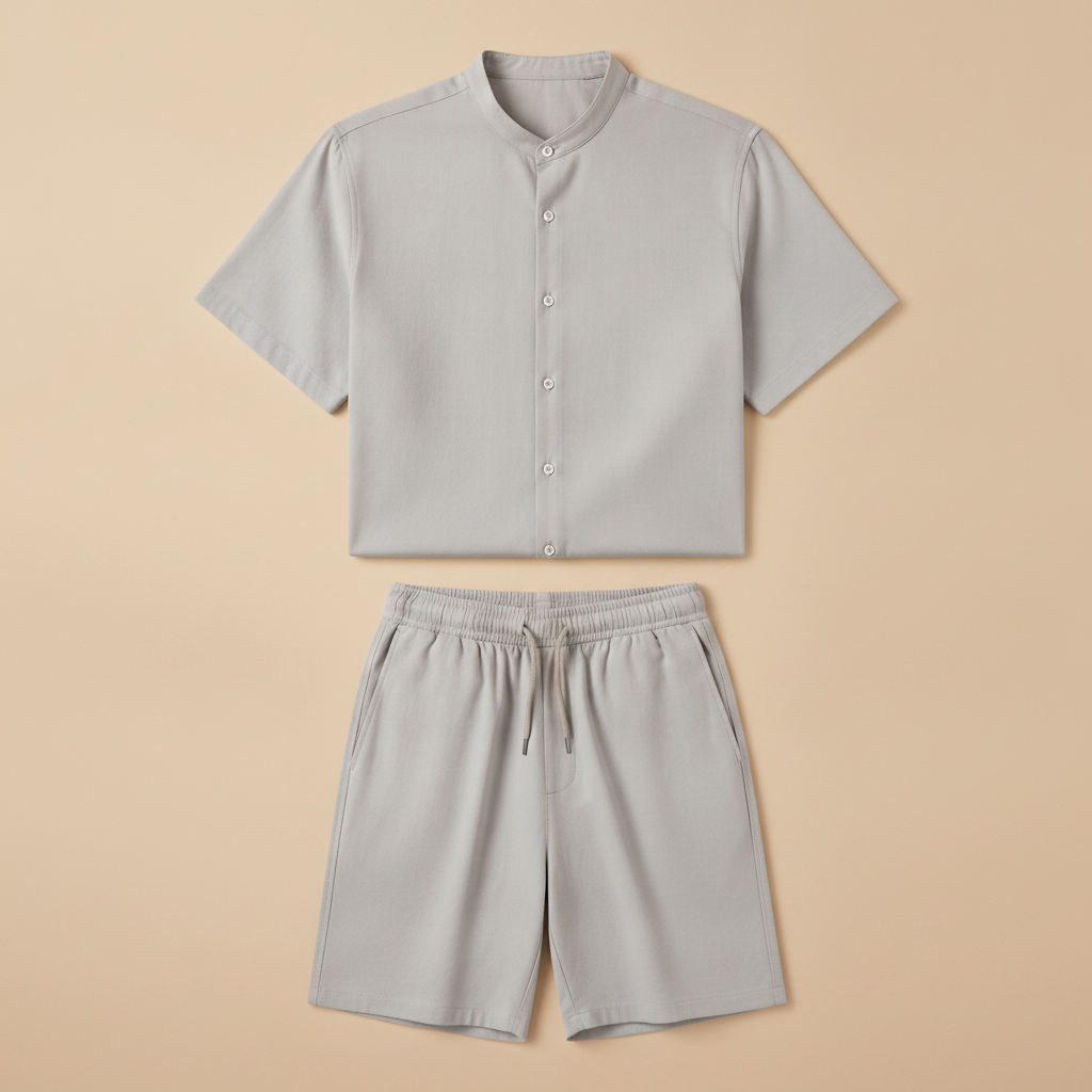 Completo Coordinato Uomo Tinta Unita – Camicia e Pantaloncini Lisci - Grigio