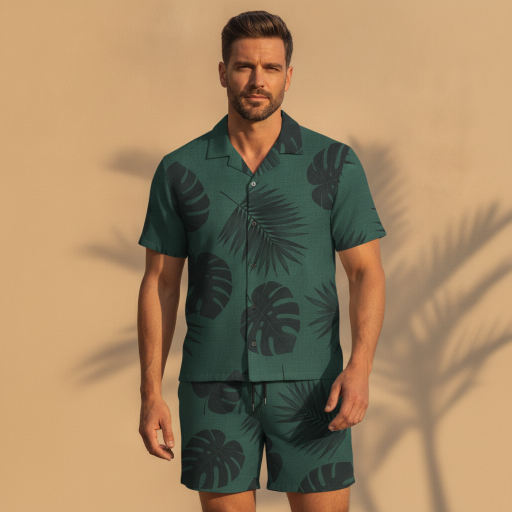 Completo Coordinato Uomo Camicia Camp Fantasia Foglie e Pantaloncini - Foglie Verdi - indossato