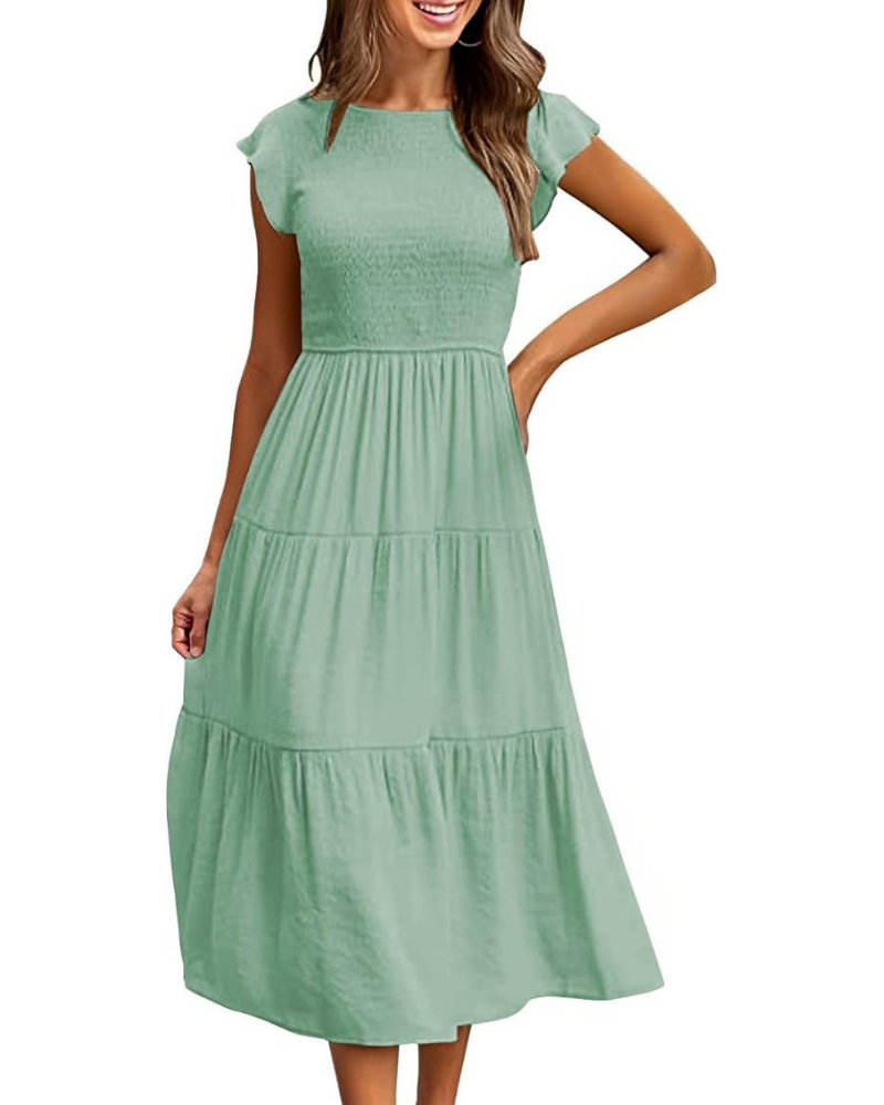 Greta Vestito Midi Donna – Girocollo, Maniche a Volant e Vita Elastica A-Line Estate