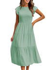 Greta Vestito Midi Donna – Girocollo, Maniche a Volant e Vita Elastica A-Line Estate