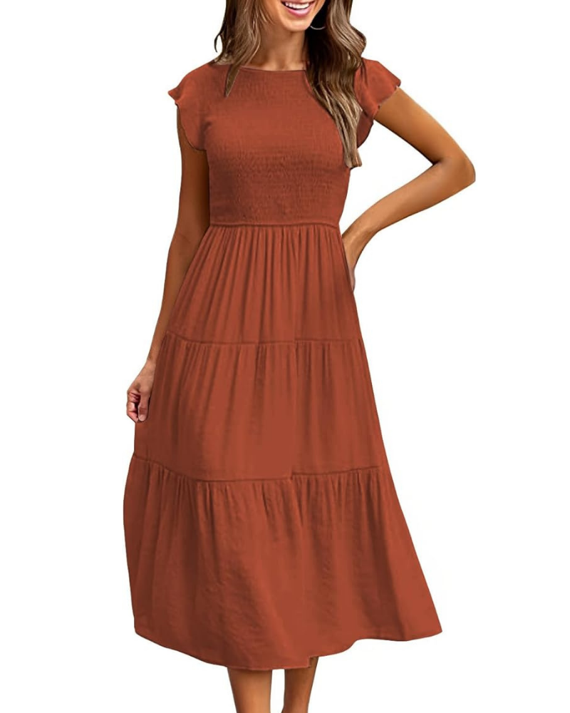 Greta Vestito Midi Donna – Girocollo, Maniche a Volant e Vita Elastica A-Line Estate