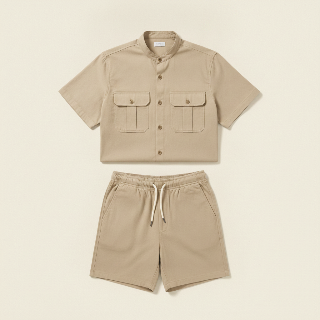 Completo Coordinato Uomo Camicia Safari Doppio Taschino e Pantaloncini - Sabbia