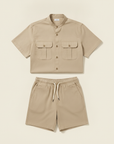 Completo Coordinato Uomo Camicia Safari Doppio Taschino e Pantaloncini - Sabbia