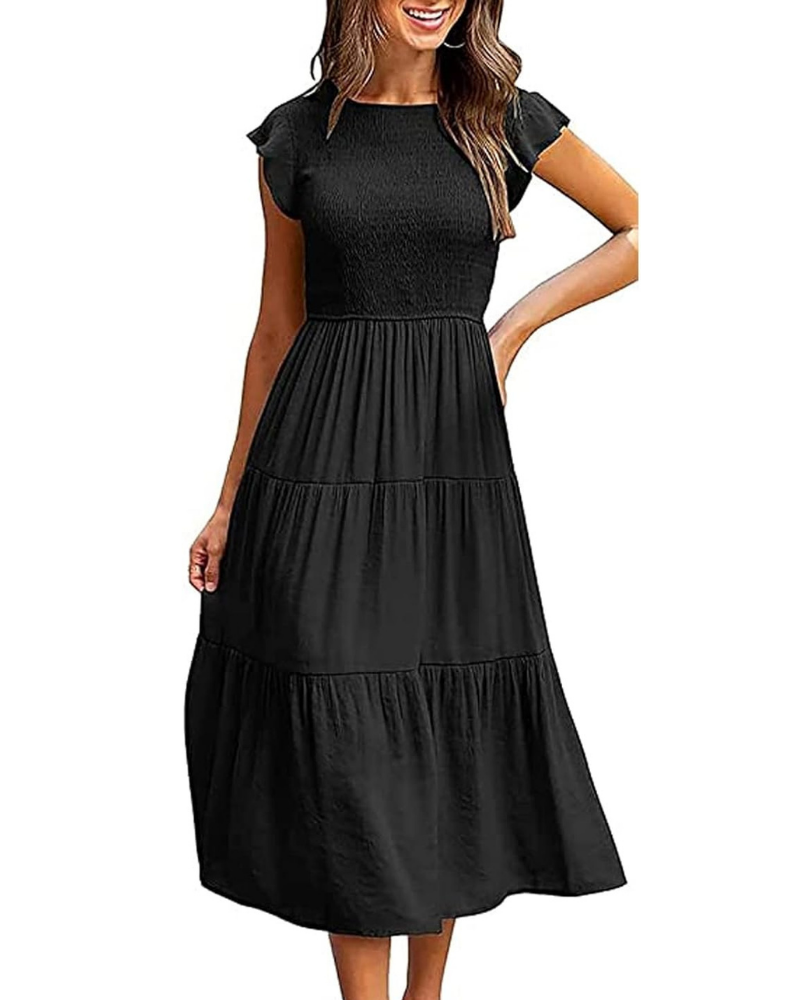Greta Vestito Midi Donna – Girocollo, Maniche a Volant e Vita Elastica A-Line Estate