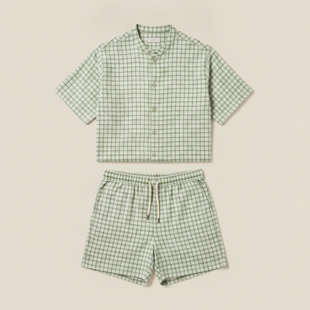 Completo Coordinato Uomo Camicia Quadri Windowpane e Pantaloncini - Verde Quadri