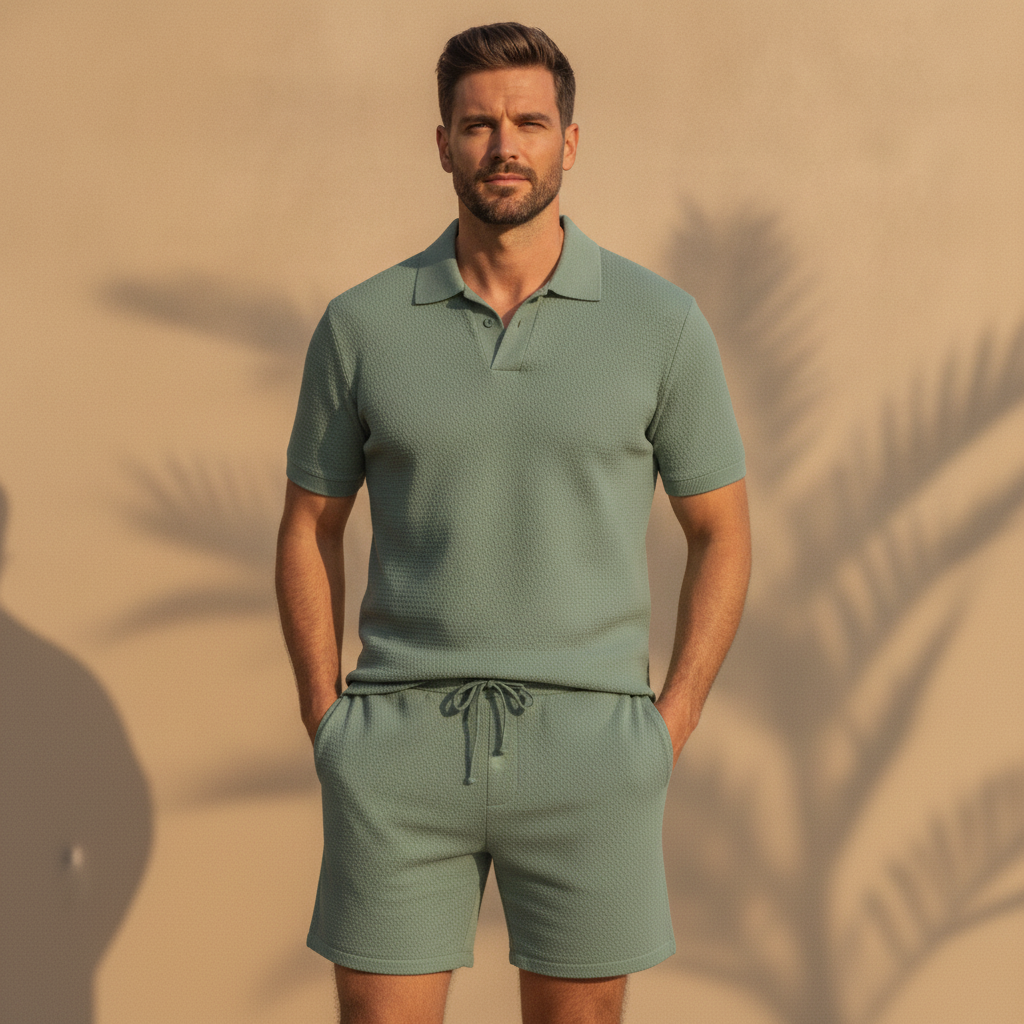 Completo Coordinato Uomo Polo Tricot e Pantaloncini - Verde Salvia - indossato