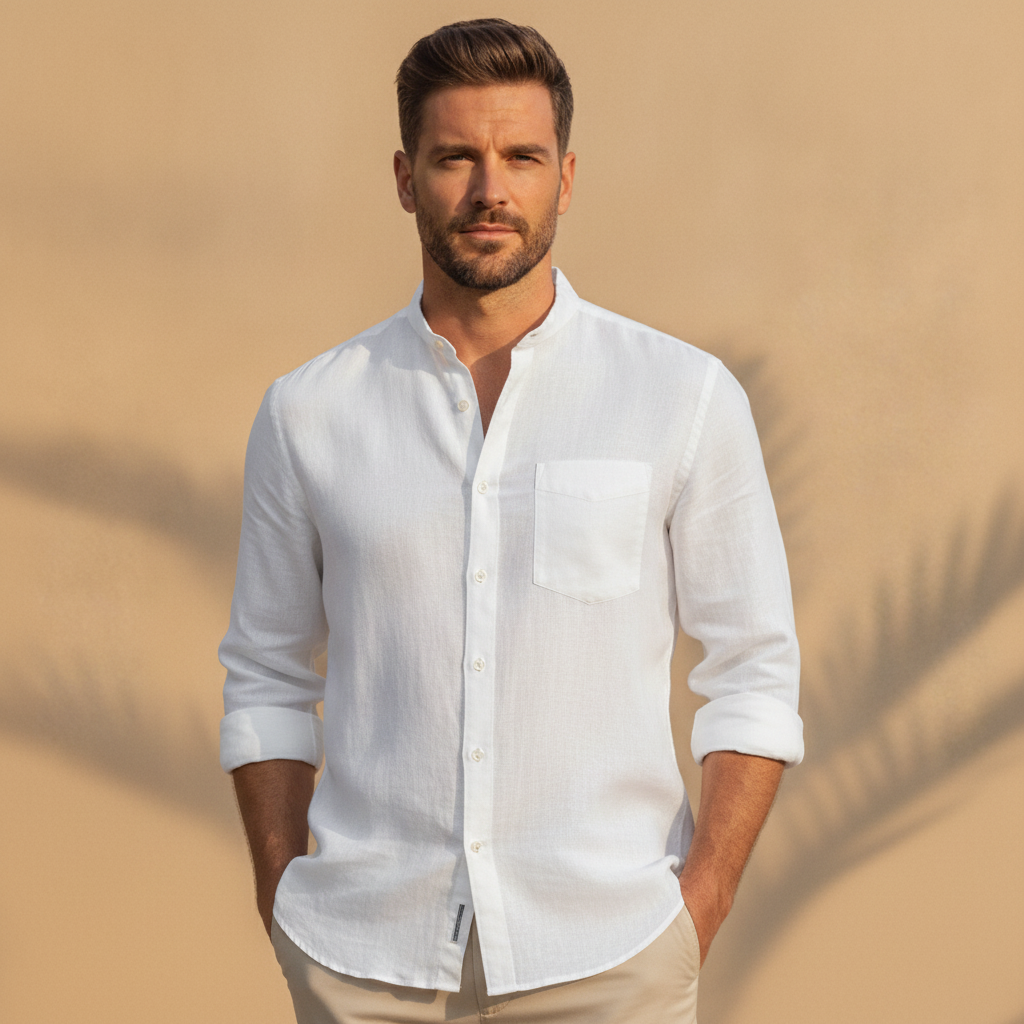 Camicia Uomo in Lino con Taschino – Naturale e Rilassata Estiva - Bianco - indossato