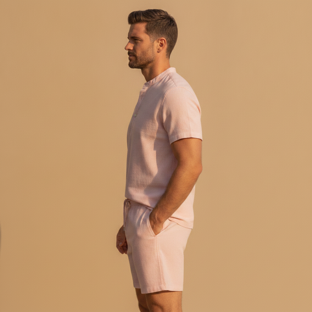 Completo Coordinato Uomo Camicia Fiammata Pastello e Pantaloncini - vista laterale