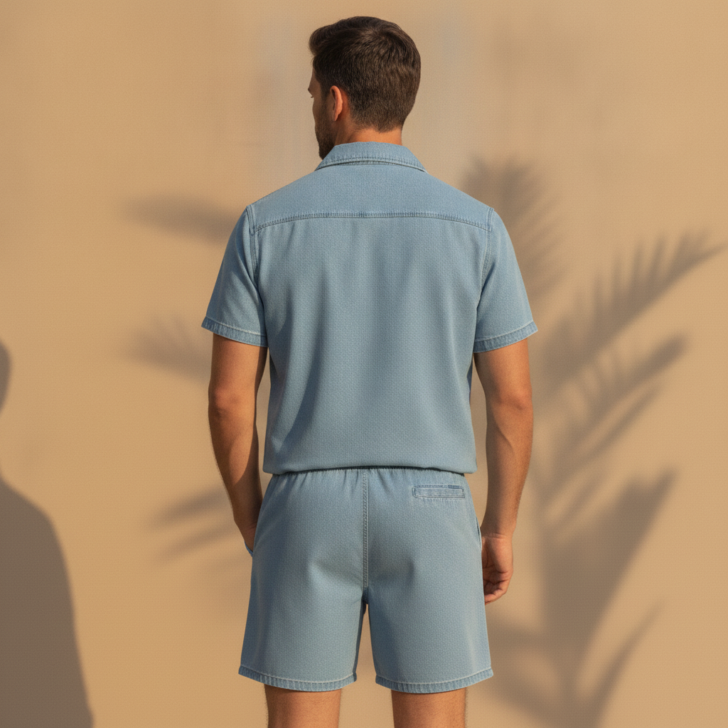 Completo Coordinato Uomo Camicia Denim Leggero e Pantaloncini - vista posteriore