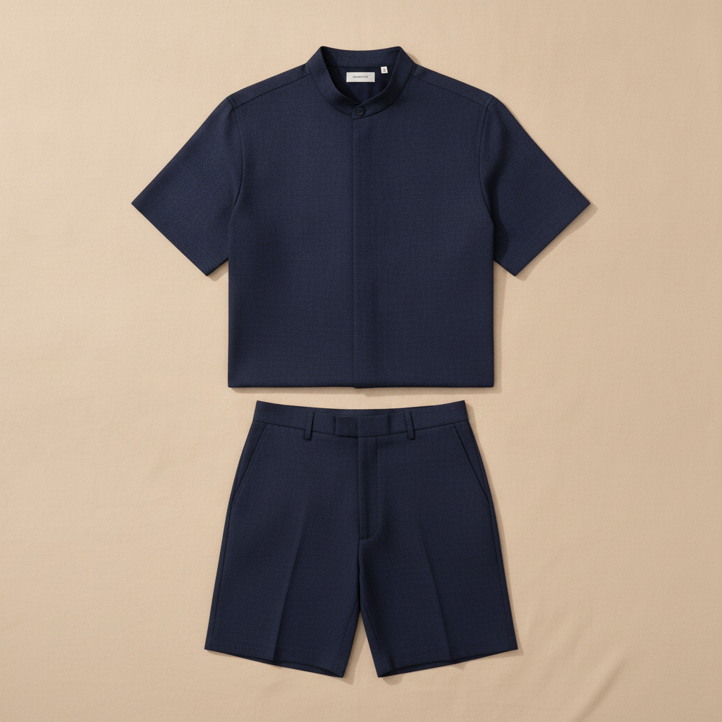 Completo Coordinato Uomo Camicia Fresco Lana Estivo e Pantaloncini - Blu Navy