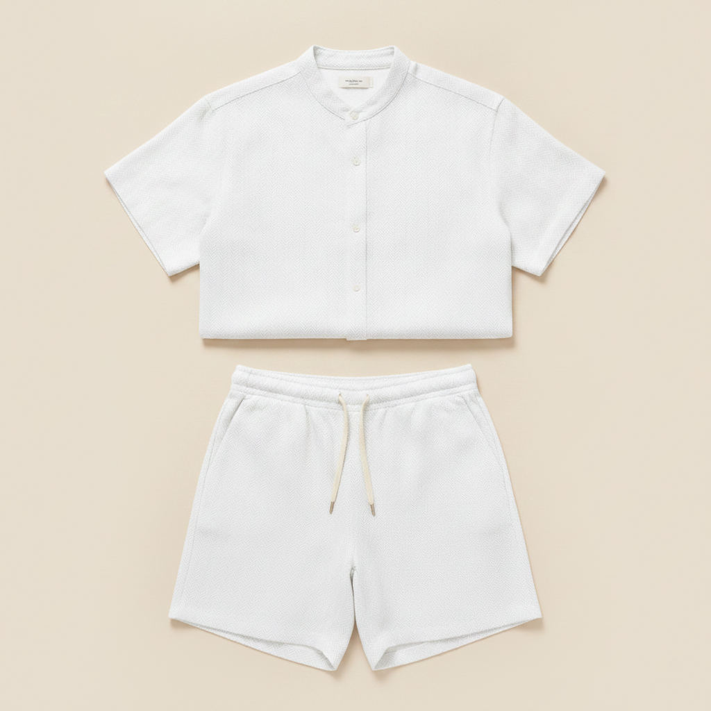 Completo Coordinato Uomo Camicia Lino a Spina e Pantaloncini - Bianco Spigato