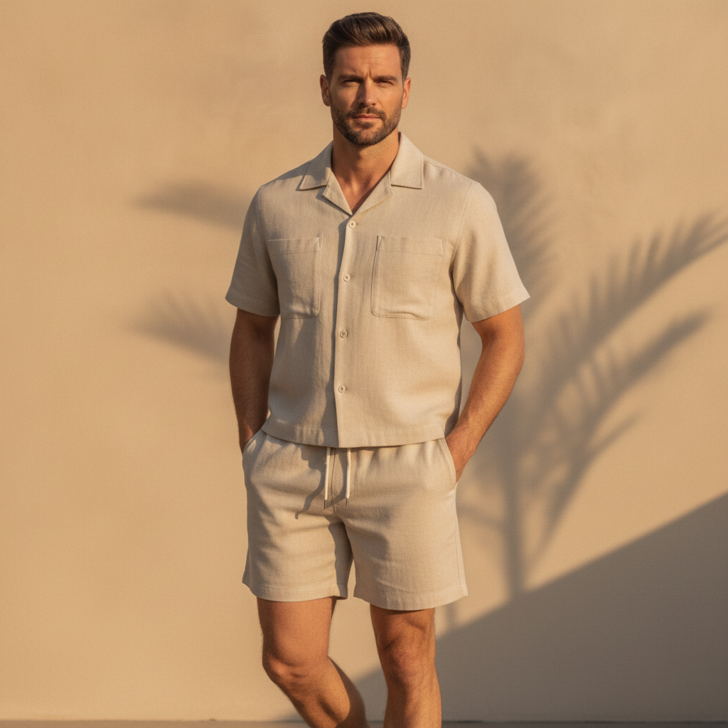 Completo Coordinato Uomo Overshirt Leggero e Pantaloncini - Beige Sabbia - indossato