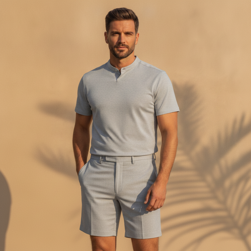 Completo Coordinato Uomo Camicia Fresco Lana Estivo e Pantaloncini - Grigio Chiaro - indossato