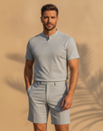 Completo Coordinato Uomo Camicia Fresco Lana Estivo e Pantaloncini - Grigio Chiaro - indossato