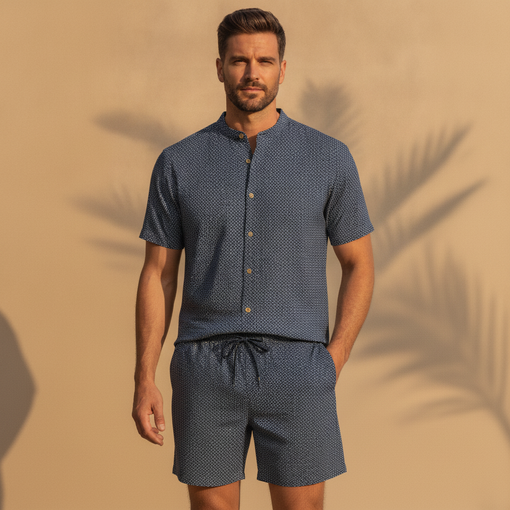 Completo Coordinato Uomo Camicia Popeline Mini-Stampa e Pantaloncini - Navy Mini-Stampa - indossato