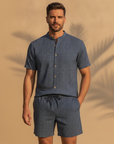 Completo Coordinato Uomo Camicia Popeline Mini-Stampa e Pantaloncini - Navy Mini-Stampa - indossato