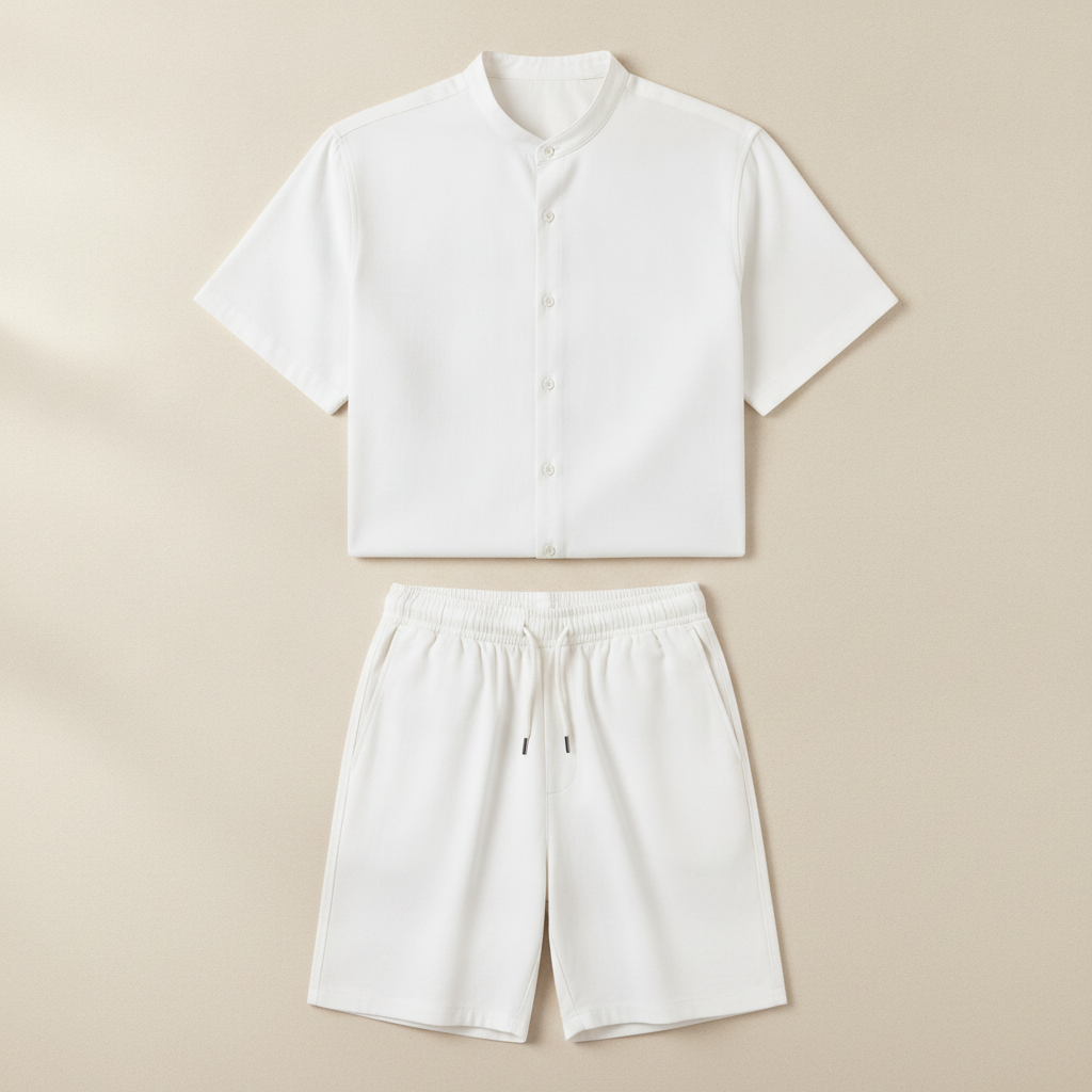 Completo Coordinato Uomo Tinta Unita – Camicia e Pantaloncini Lisci - Bianco