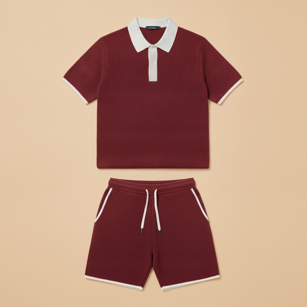 Completo Coordinato Uomo Polo Bicolore e Pantaloncini - Bordeaux e Grigio