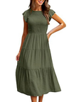 Greta Vestito Midi Donna – Girocollo, Maniche a Volant e Vita Elastica A-Line Estate