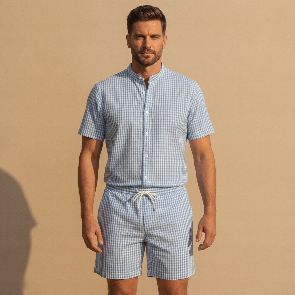 Completo Coordinato Uomo Camicia Gingham e Pantaloncini - Azzurro e Bianco - indossato