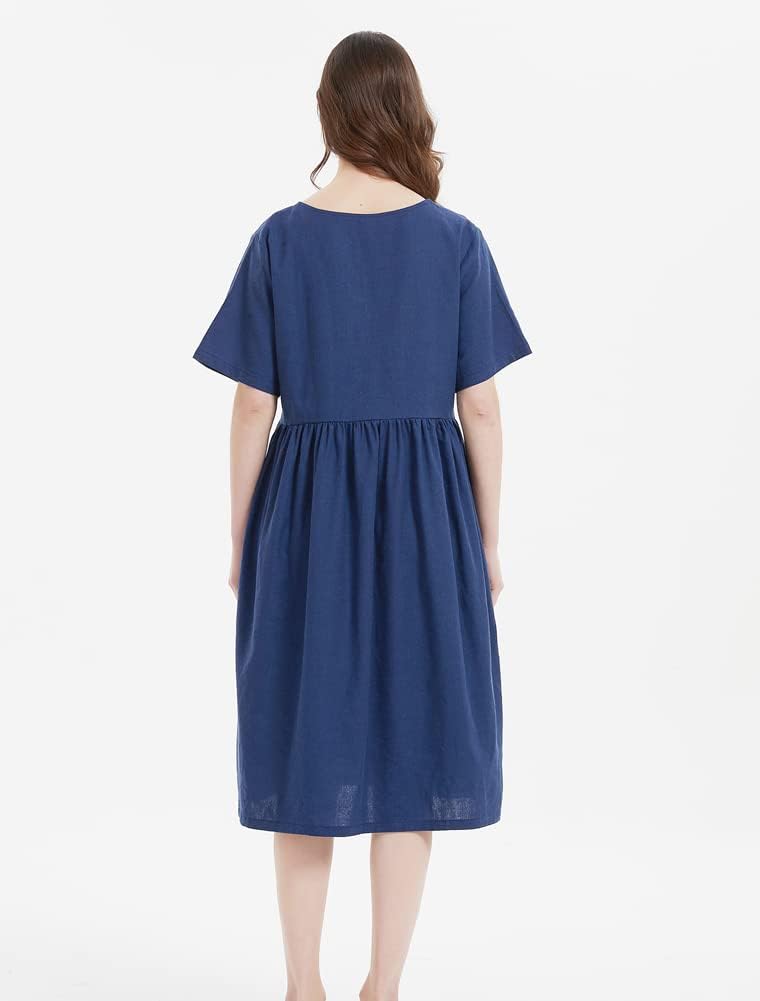 Camélia Abito Lungo in Lino Donna – Abito Bohemien Ampio con Maniche Corte e Tasche