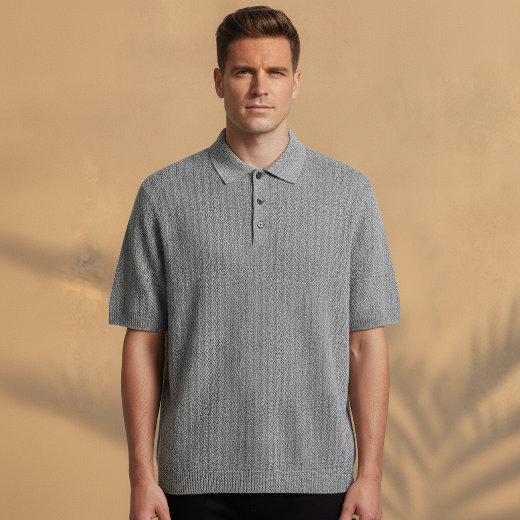 Polo Uomo in Maglia Spigata Testurizzata – Effetto Elegante - Grigio Melange - indossato