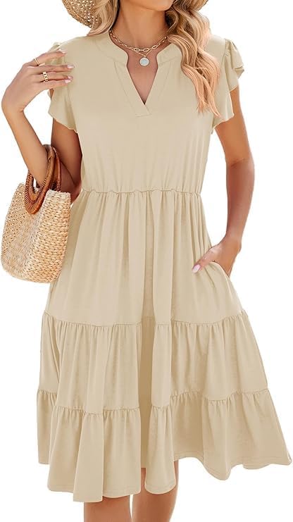 Mila Abito Midi Donna – Abito Scollo a V con Volant Senza Maniche con Tasche Estate