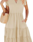 Mila Abito Midi Donna – Abito Scollo a V con Volant Senza Maniche con Tasche Estate