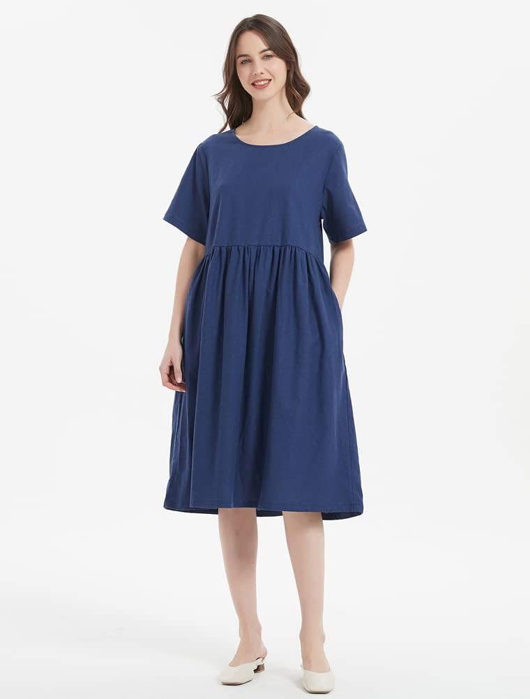 Camélia Abito Lungo in Lino Donna – Abito Bohemien Ampio con Maniche Corte e Tasche