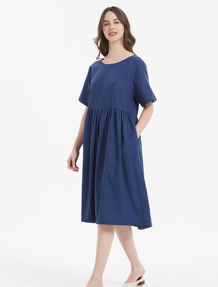 Camélia Abito Lungo in Lino Donna – Abito Bohemien Ampio con Maniche Corte e Tasche