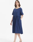 Camélia Abito Lungo in Lino Donna – Abito Bohemien Ampio con Maniche Corte e Tasche