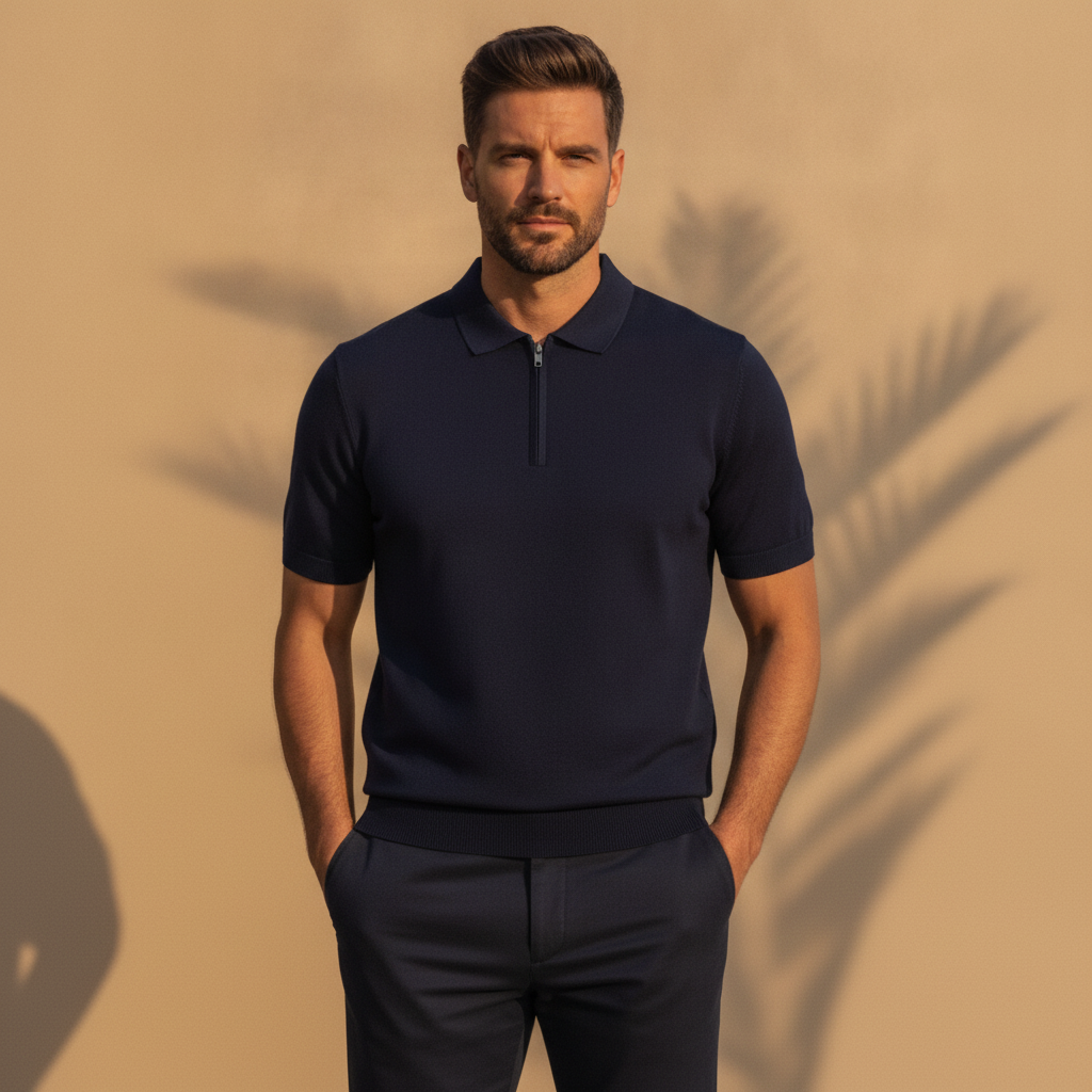 Polo Uomo Mezza Zip in Cotone – Elegante Sportiva con Zip Corta - Blu Navy - indossato