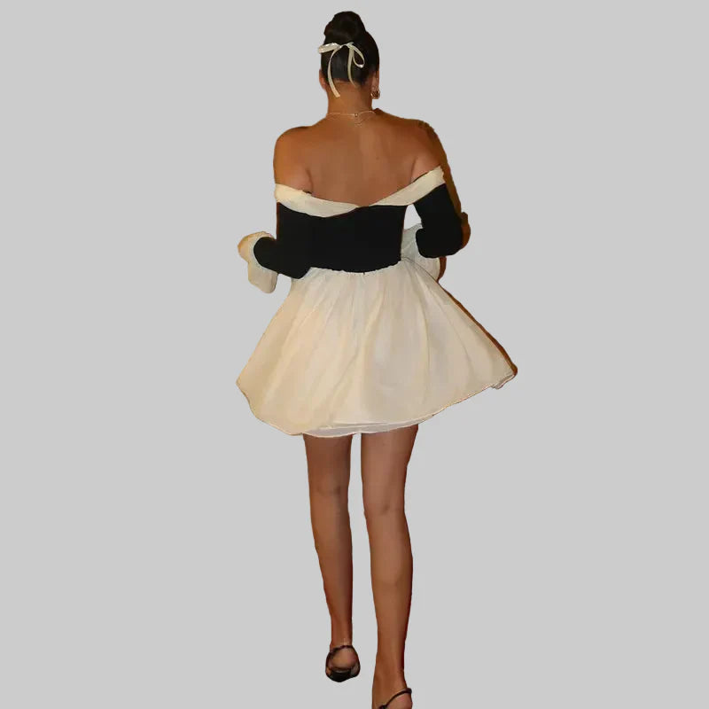 Mini abito donna spalle scoperte – corpetto strutturato e fiocco frontale