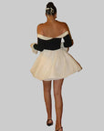 Mini abito donna spalle scoperte – corpetto strutturato e fiocco frontale