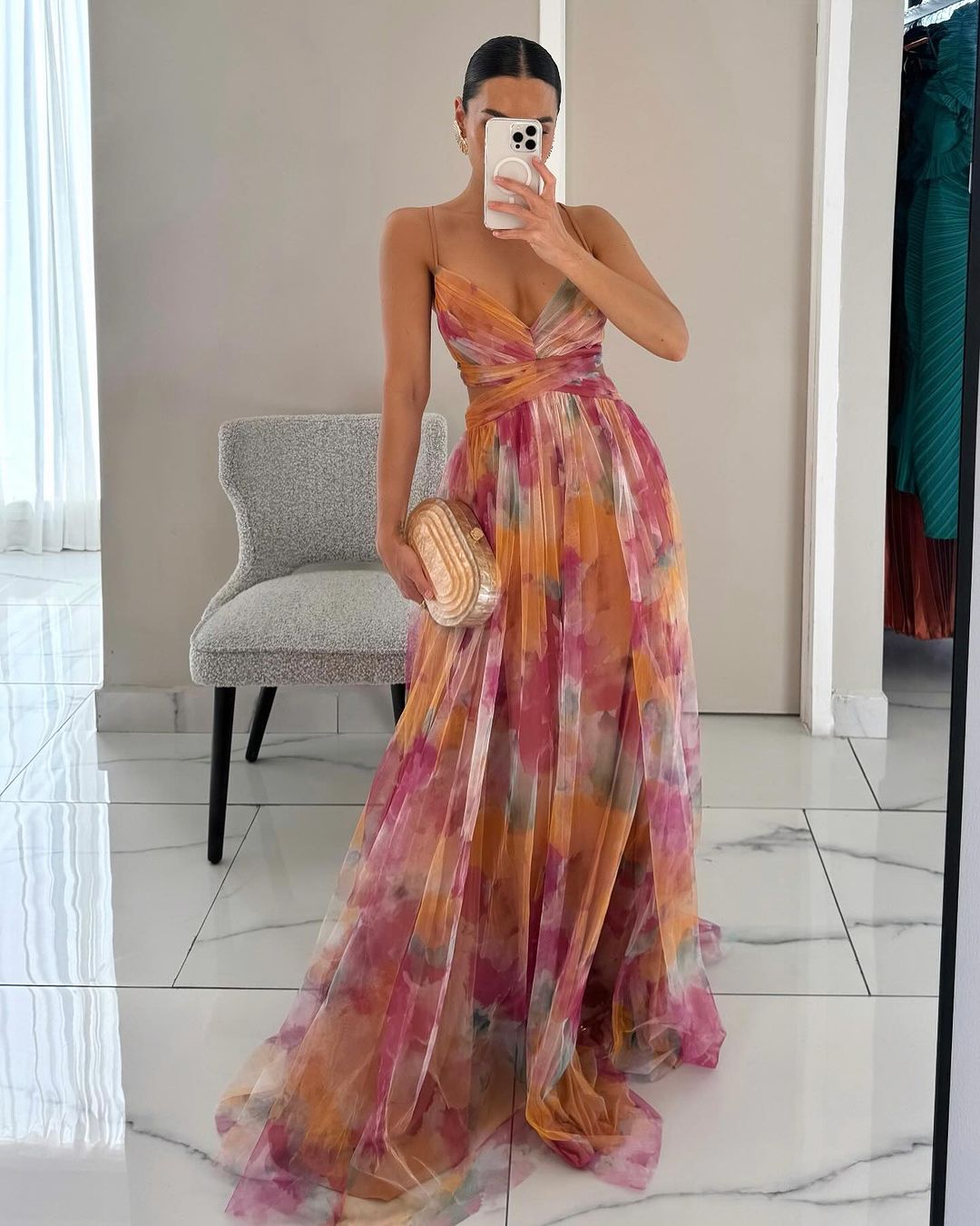 Abito lungo donna in tessuto leggero, floreale