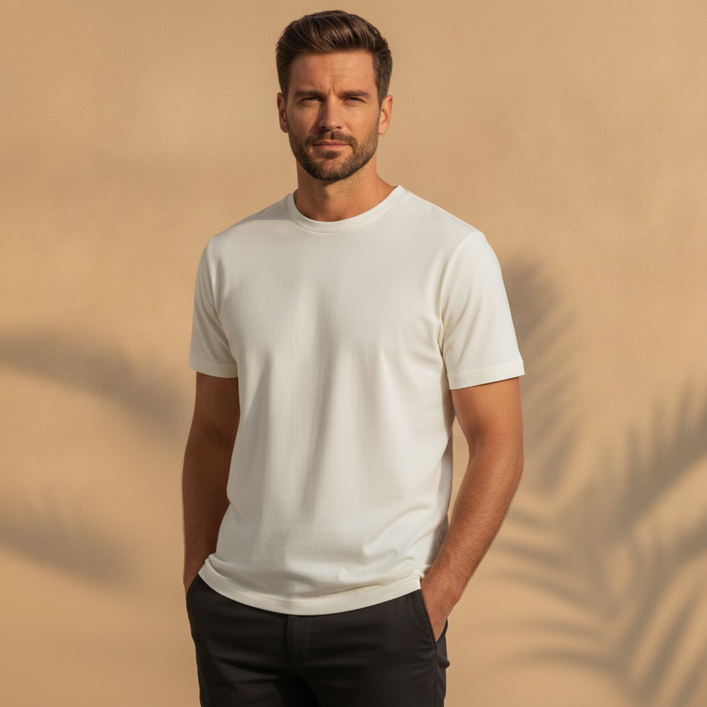 T-shirt Uomo in Cotone Premium Girocollo – Basic Essenziale - Bianco - indossato