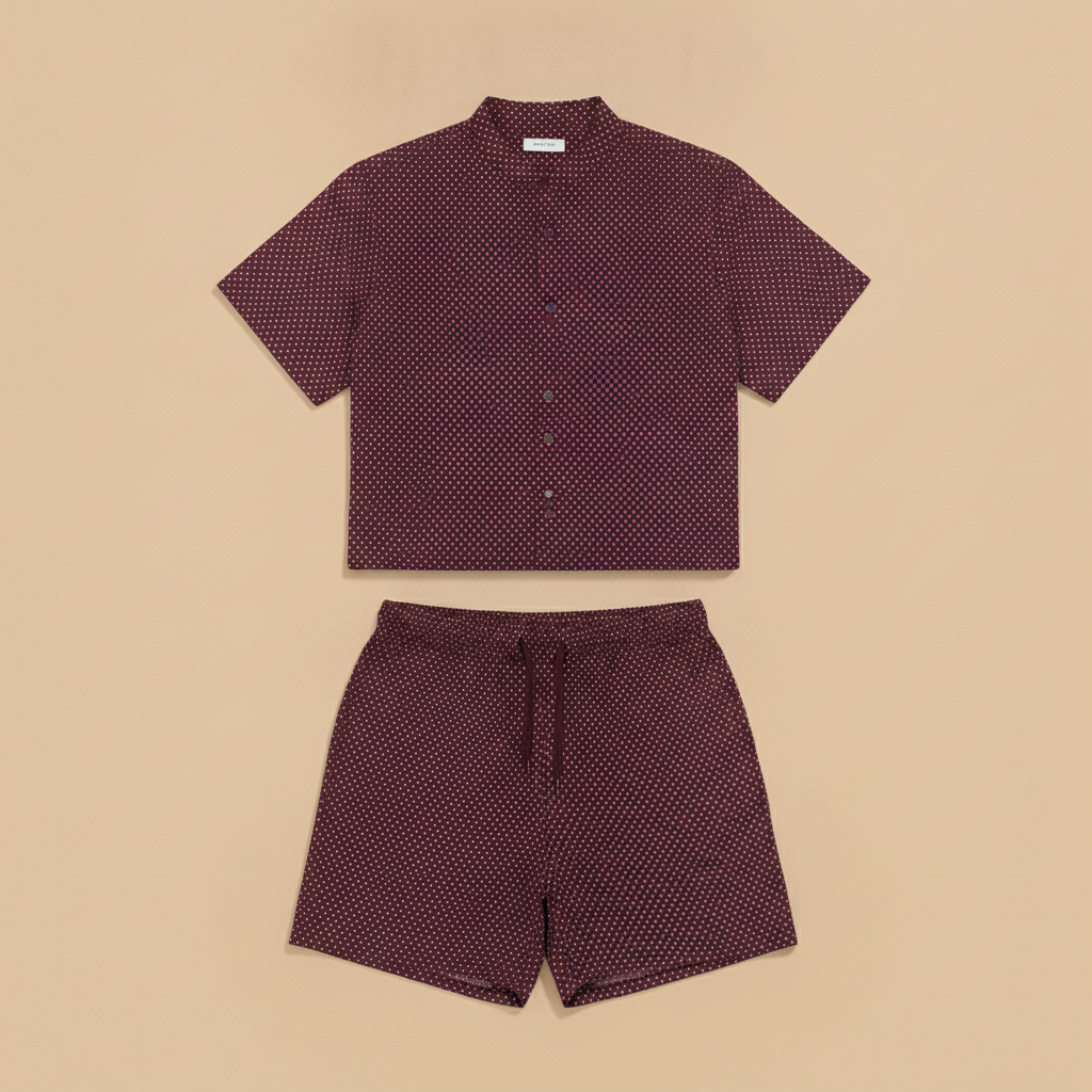 Completo Coordinato Uomo Camicia Micro-Pois e Pantaloncini - Bordeaux Micro-Pois