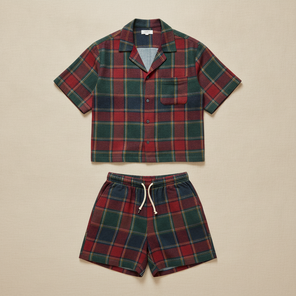 Completo Coordinato Uomo Camicia Tartan Estivo e Pantaloncini - Tartan Blu