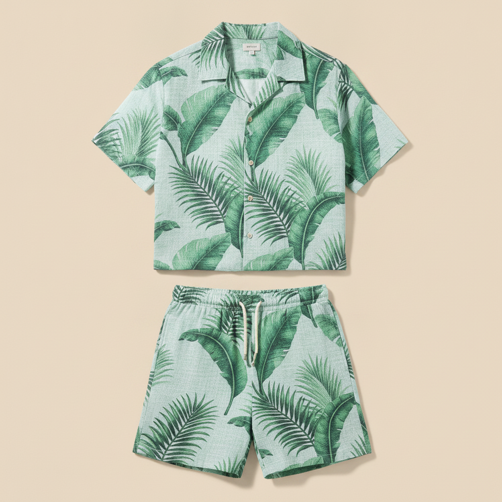 Completo Coordinato Uomo Camicia Stampa Palme e Pantaloncini - Palme Nere