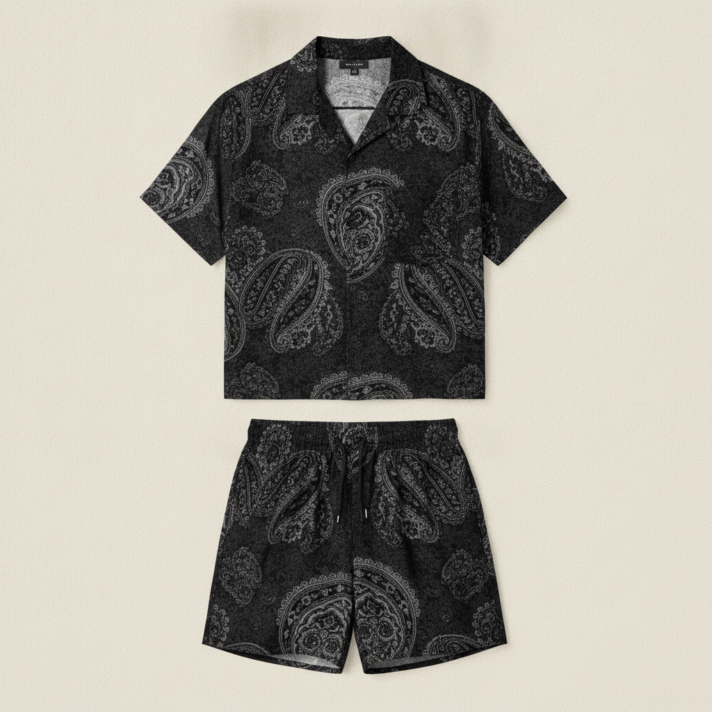 Completo Coordinato Uomo Camicia Paisley e Pantaloncini - Paisley Nero