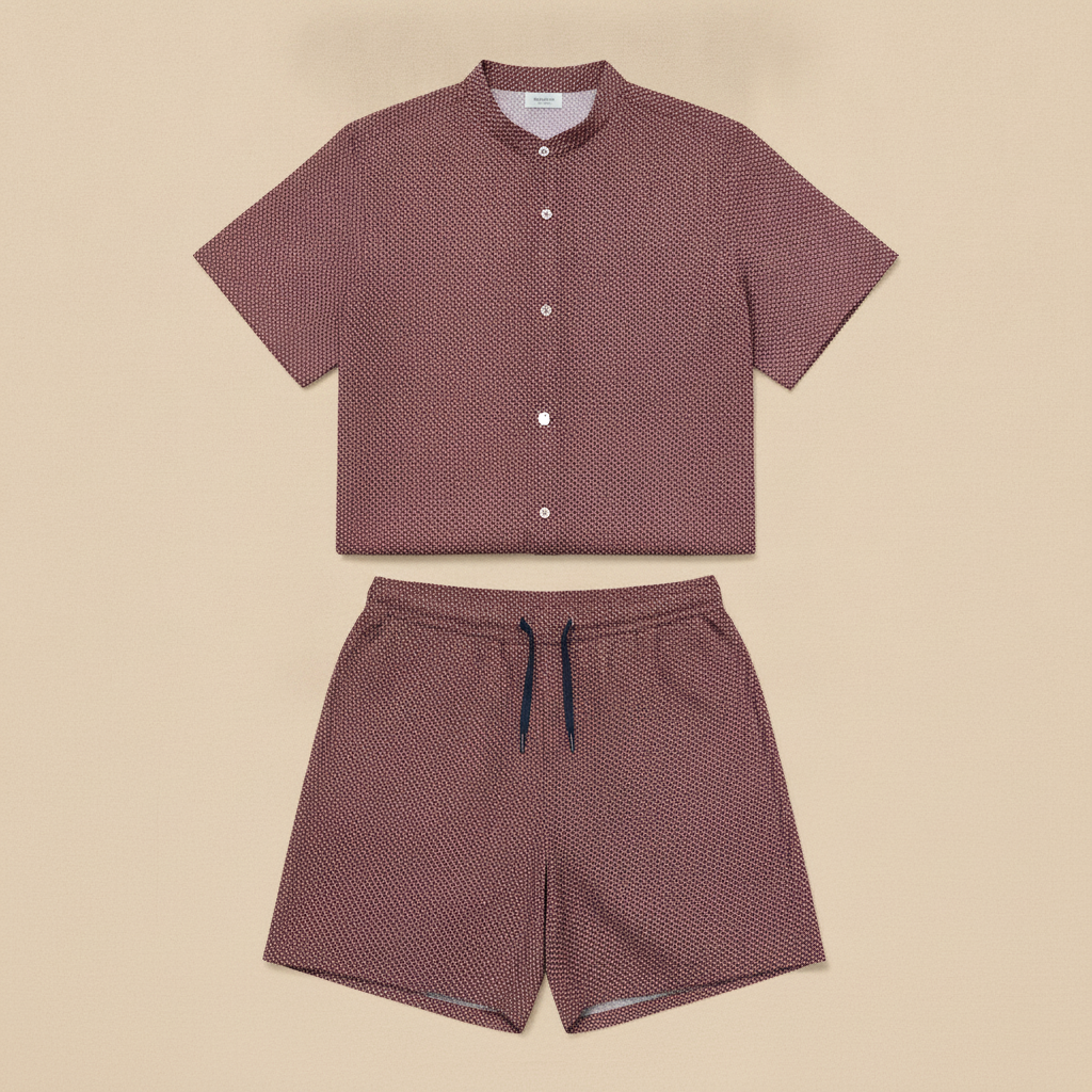 Completo Coordinato Uomo Camicia Micro-Fantasia e Pantaloncini - Bordeaux Micro