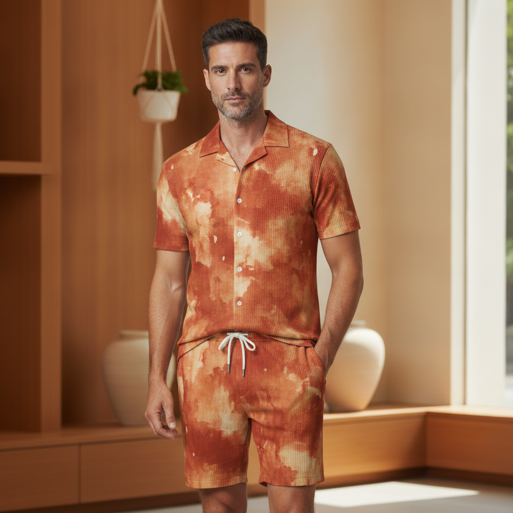 Completo Coordinato Uomo Camicia Acquerello e Pantaloncini - Acquerello Terracotta - indossato