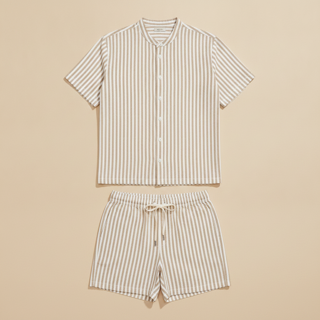Completo Coordinato Uomo Camicia a Righe Verticali e Pantaloncini - Beige e Bianco
