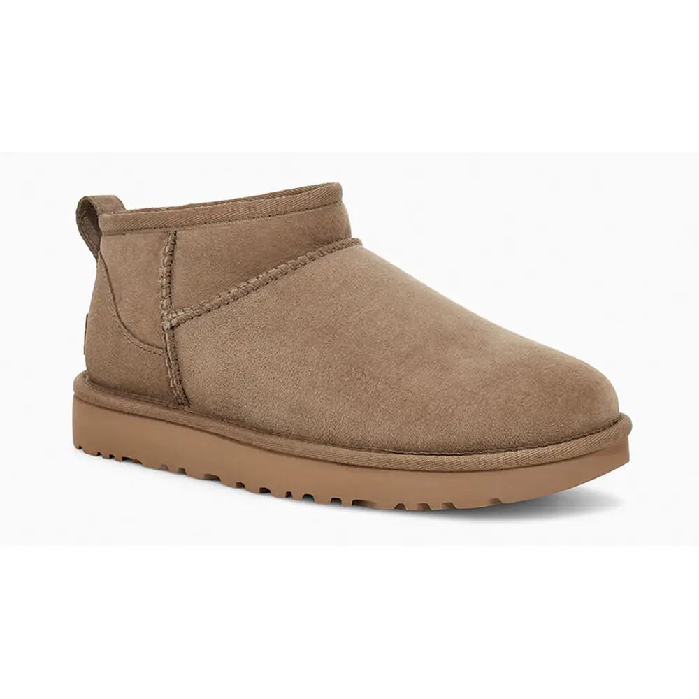 UGG Classic Ultra Mini Antilope stivaletti donna in pelle scamosciata e montone beige, vista frontale