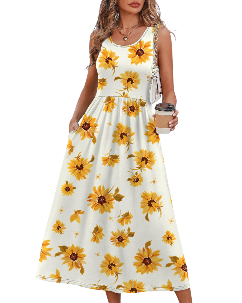 Jensy Vestito Midi Donna – Vestito A-Line Fluido con Tasche, Vita Impero e Taglio Elegante Estivo