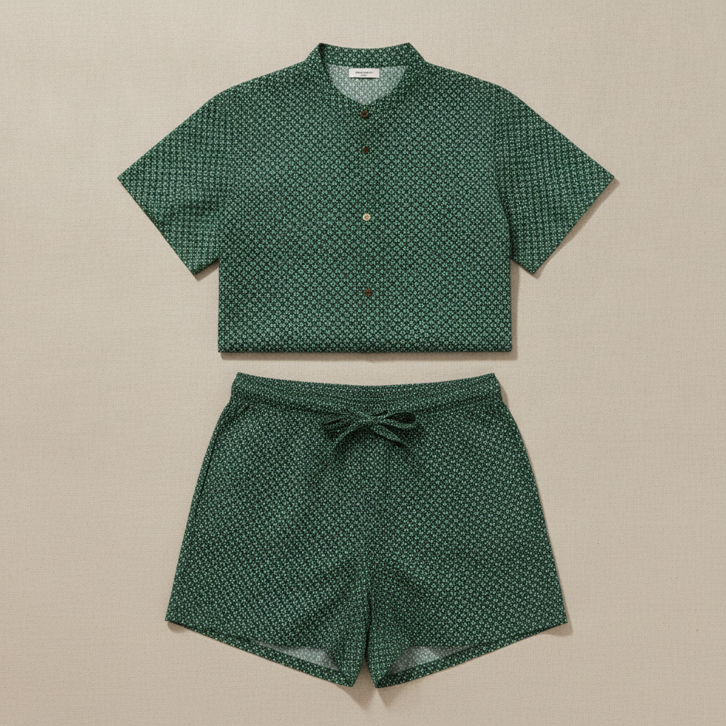 Completo Coordinato Uomo Camicia Popeline Mini-Stampa e Pantaloncini - Verde Mini-Stampa