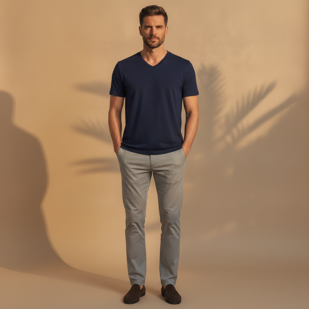 T-shirt Uomo Scollo a V in Cotone – Elegante e Versatile - Bianco - indossato