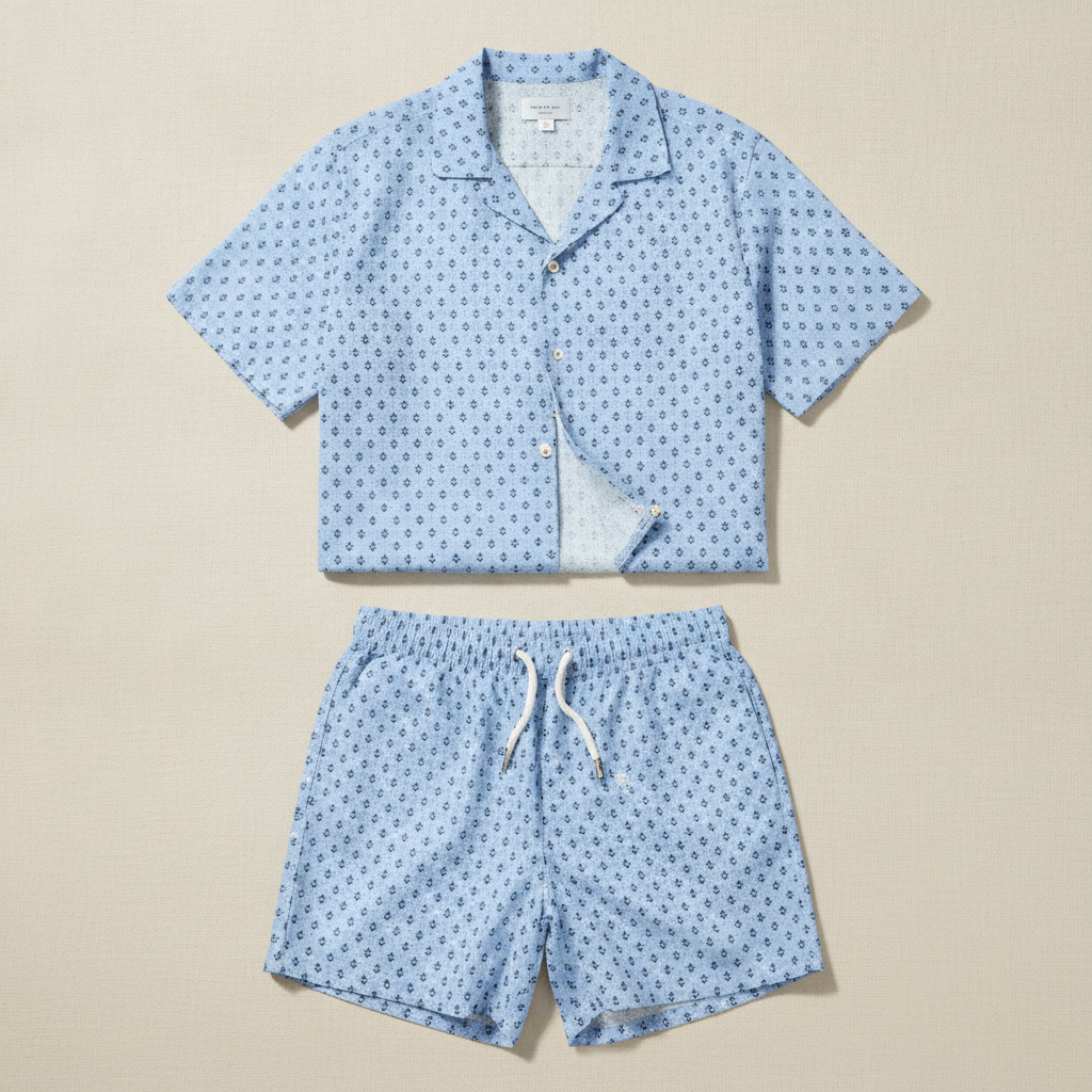 Completo Coordinato Uomo Camicia Stampa Nautica e Pantaloncini - Nautico Azzurro