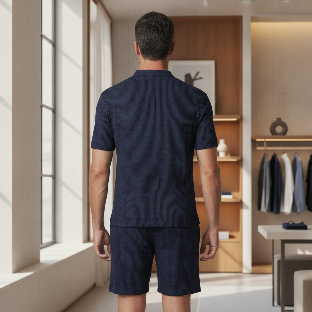 Completo Coordinato Uomo a Coste – Camicia Colletto Coreana e Pantaloncini - vista posteriore