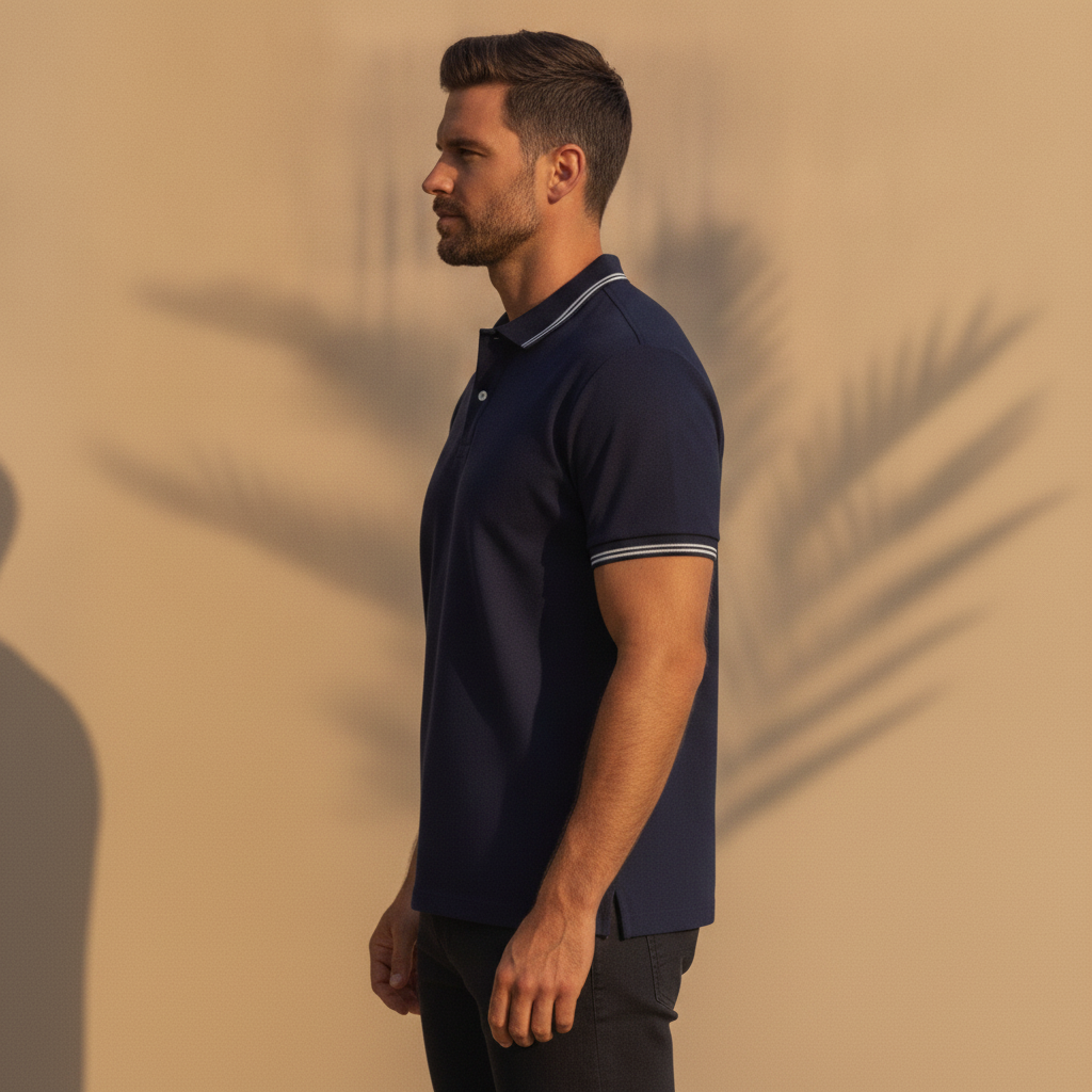Polo Uomo con Bordi a Contrasto – Colletto e Polsini Rigati Eleganti - vista laterale